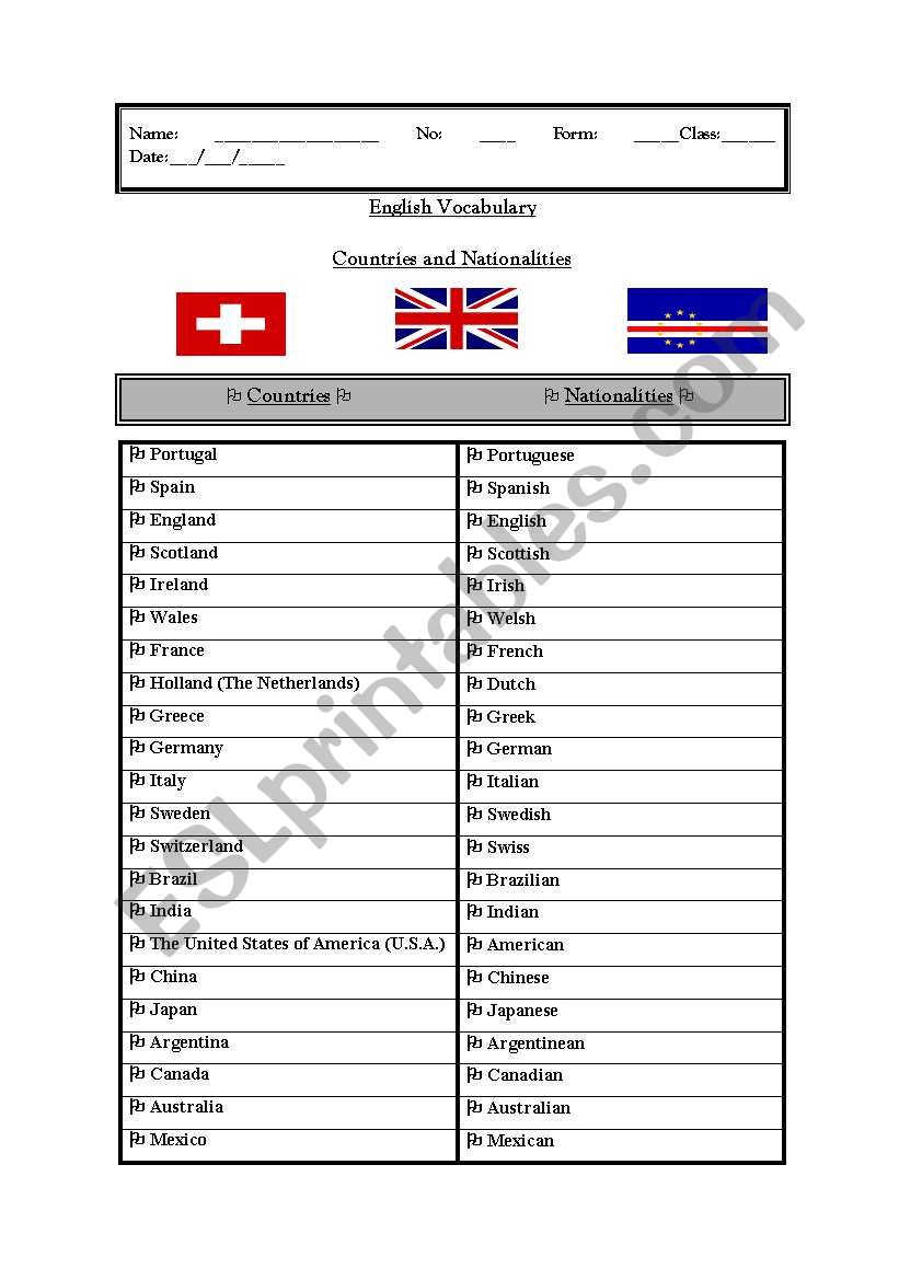 Vocabulary (Countries and Nationalities)