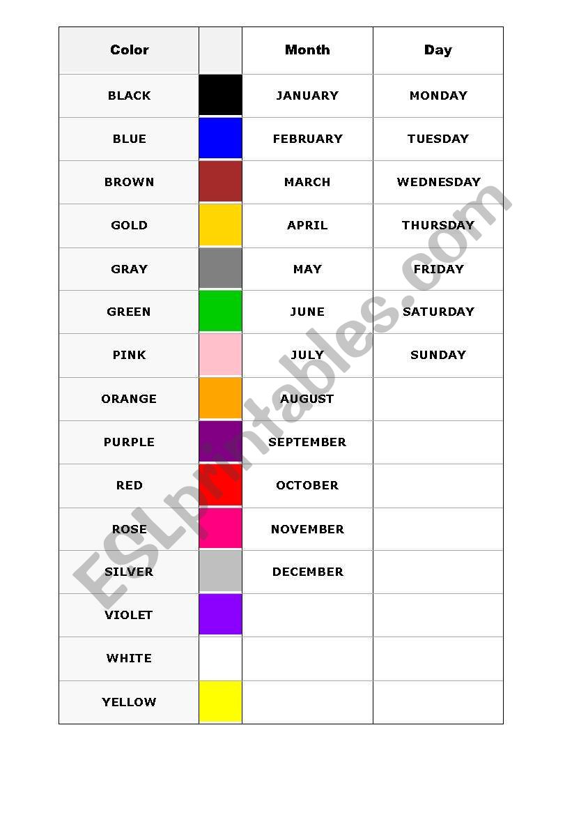 Colors, months and day of the week