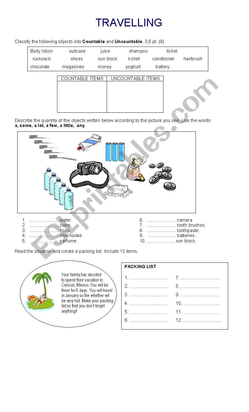 Travelling items  worksheet