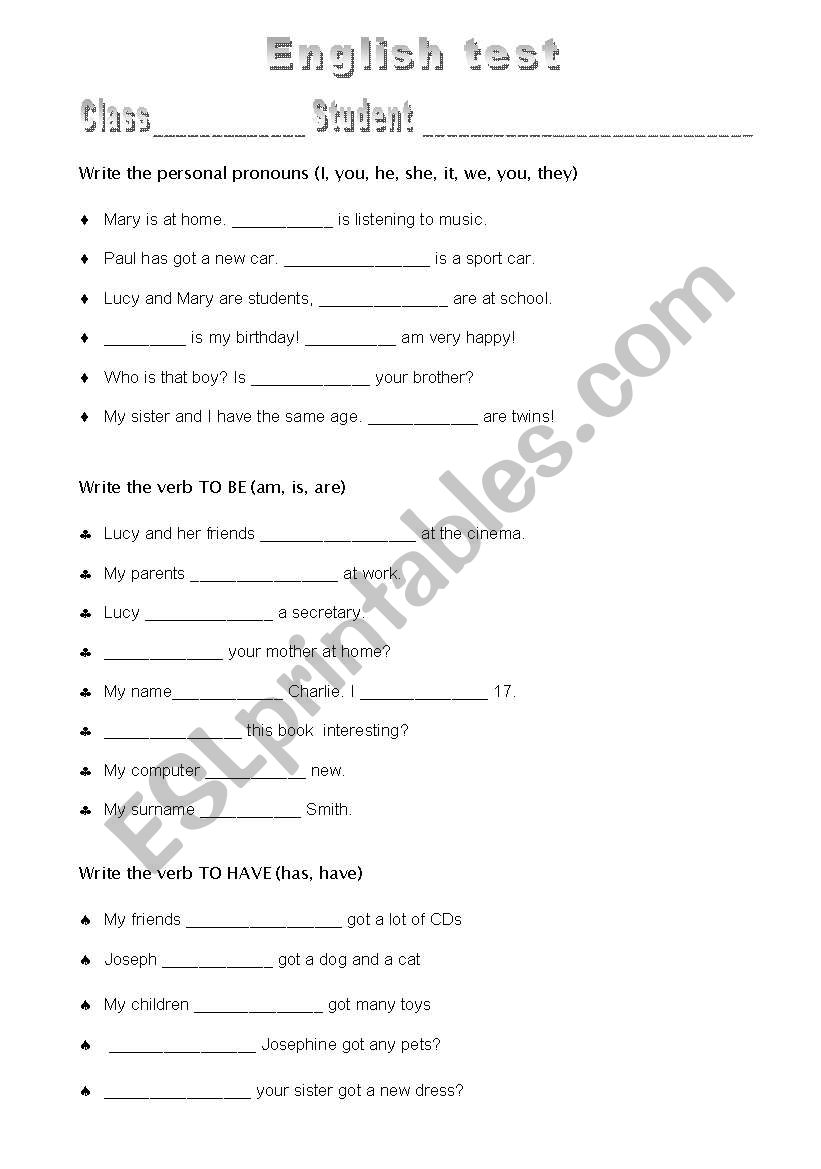 English test - beginners worksheet