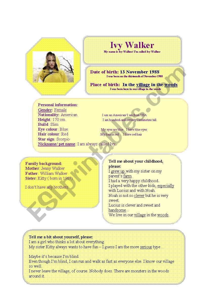 Personality Card: Ivy Walker  worksheet