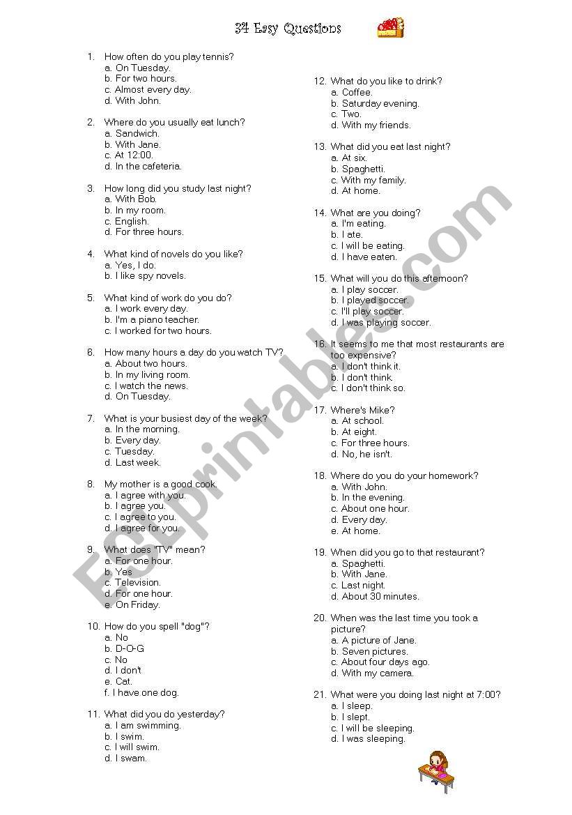 34 Easy Questions worksheet
