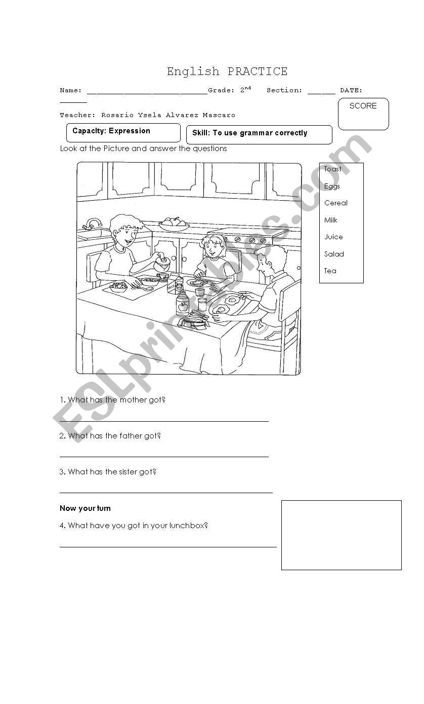 food worksheet