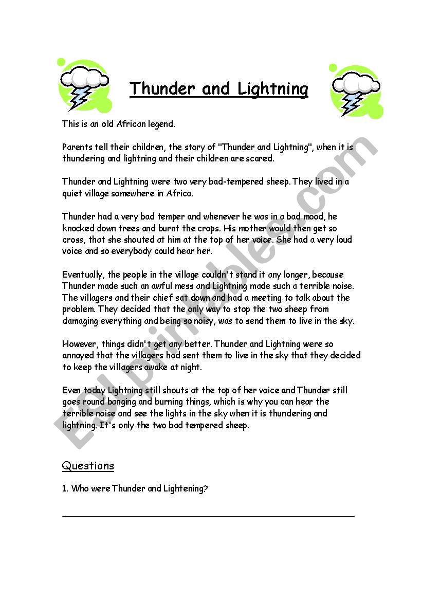 Thunder and Lightning worksheet