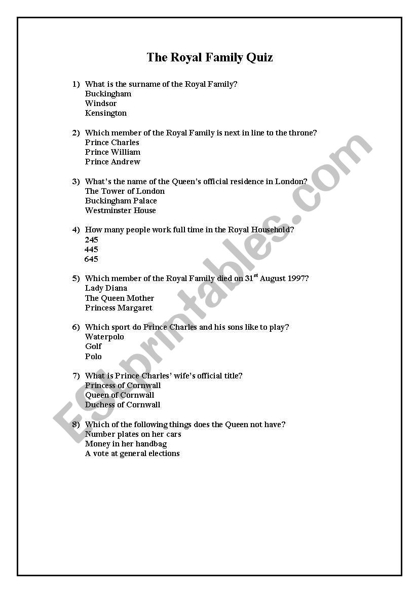 The British Royal Family Quiz Esl Worksheet By Igof