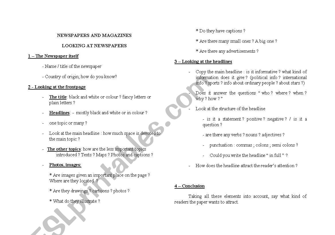 Looking at newspapers worksheet