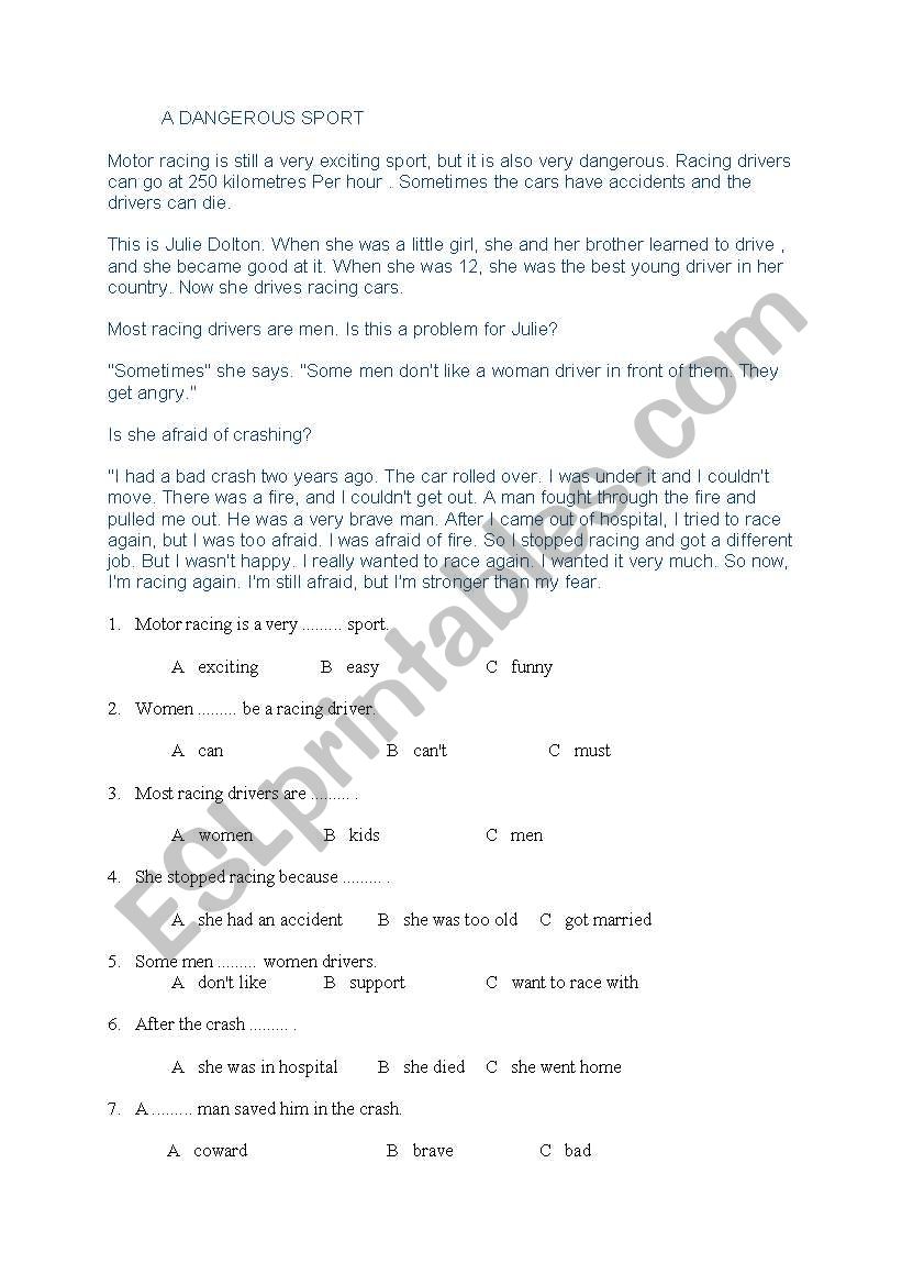 a dangerous sport worksheet