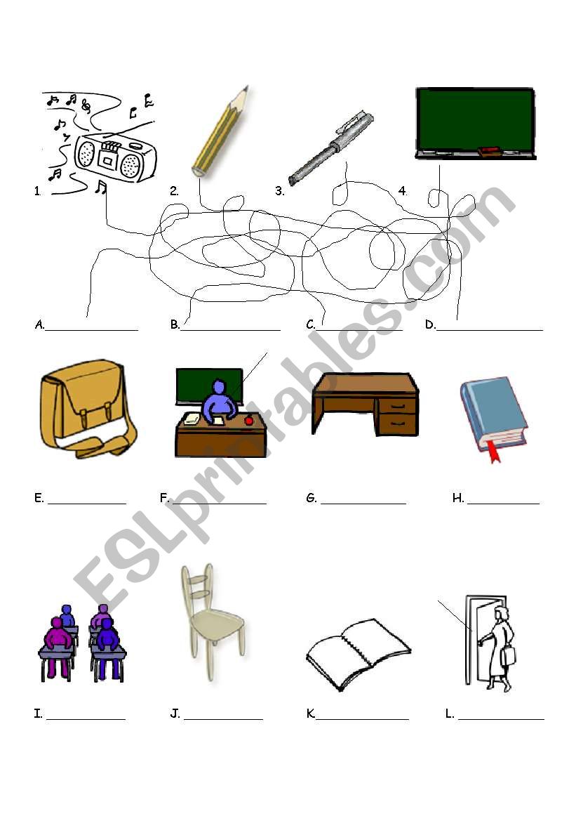 Matching school objects worksheet