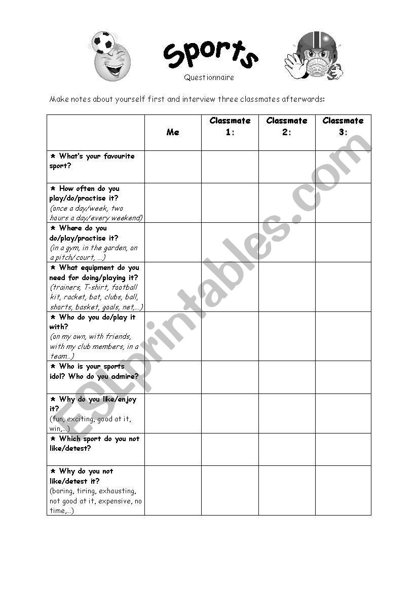Sports-Questionnaire worksheet