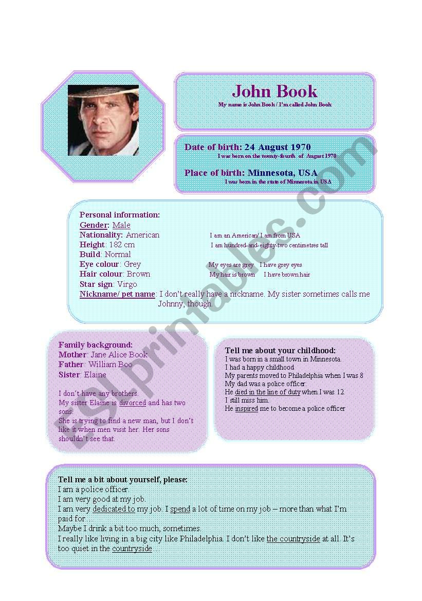 Personality Card - John Book  worksheet