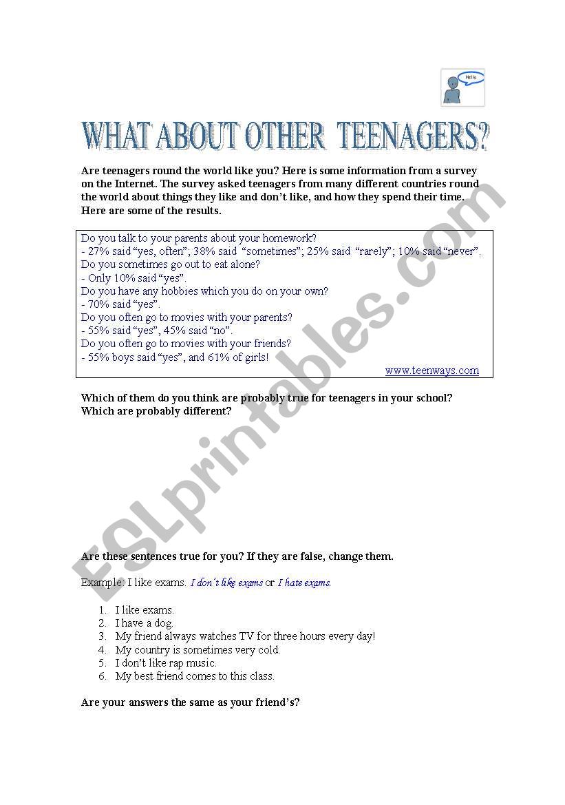 Teenagers way of life worksheet
