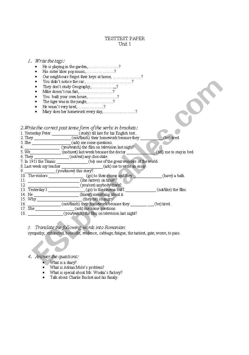 test paper worksheet