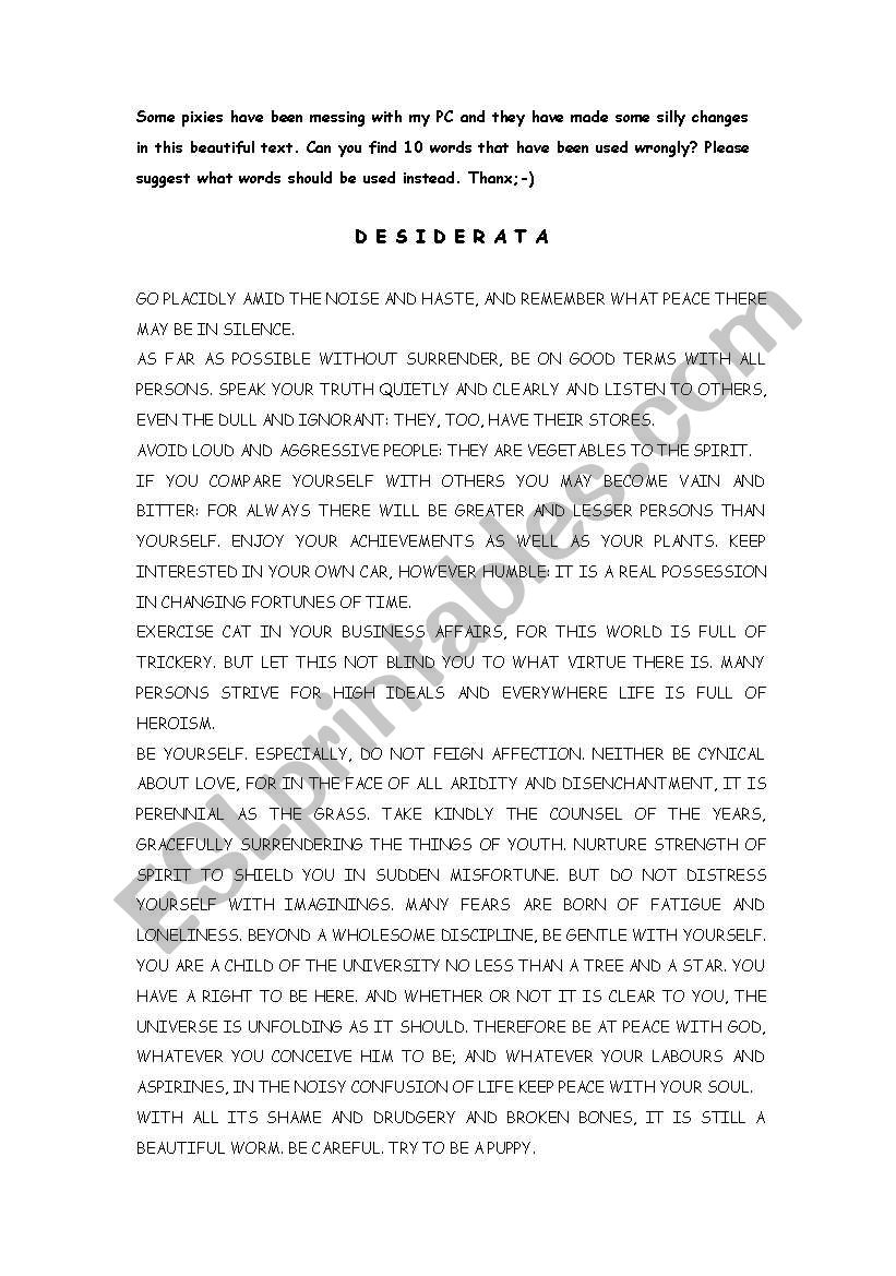 DESIDERATA CHANGED BY PIXIES worksheet