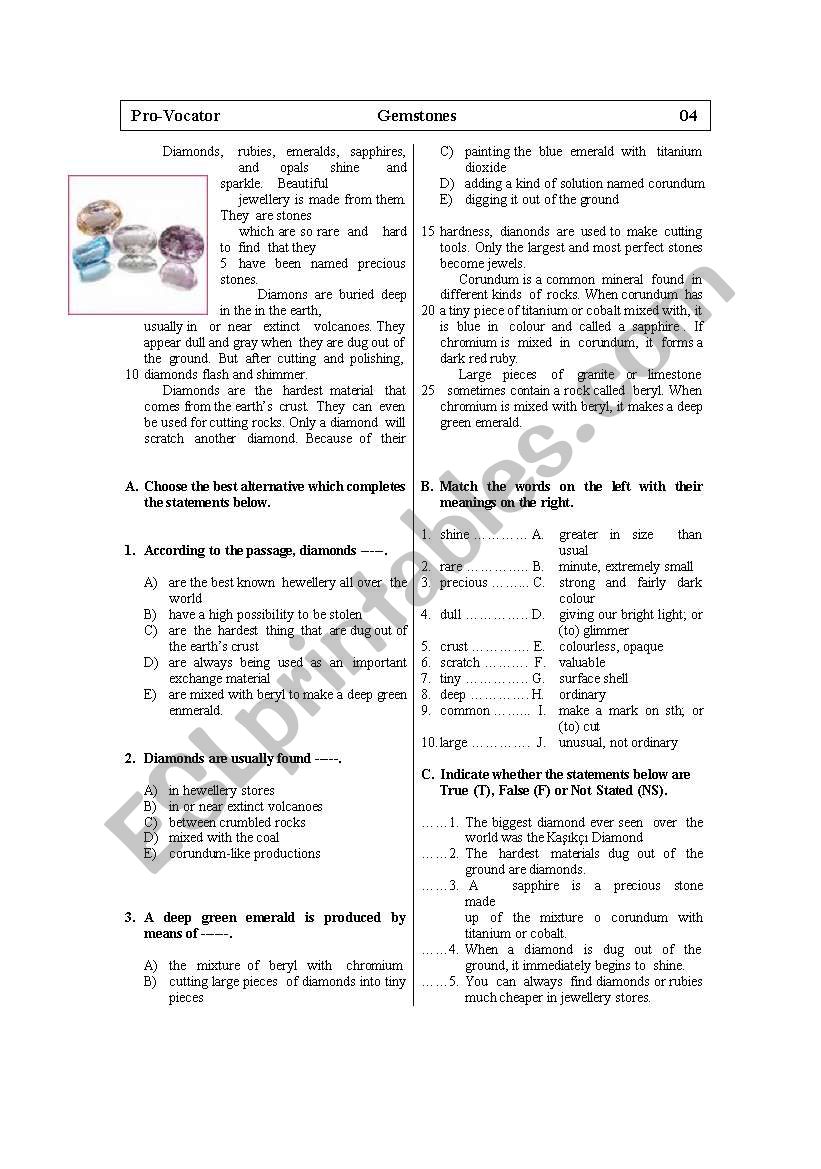 Gemstones worksheet