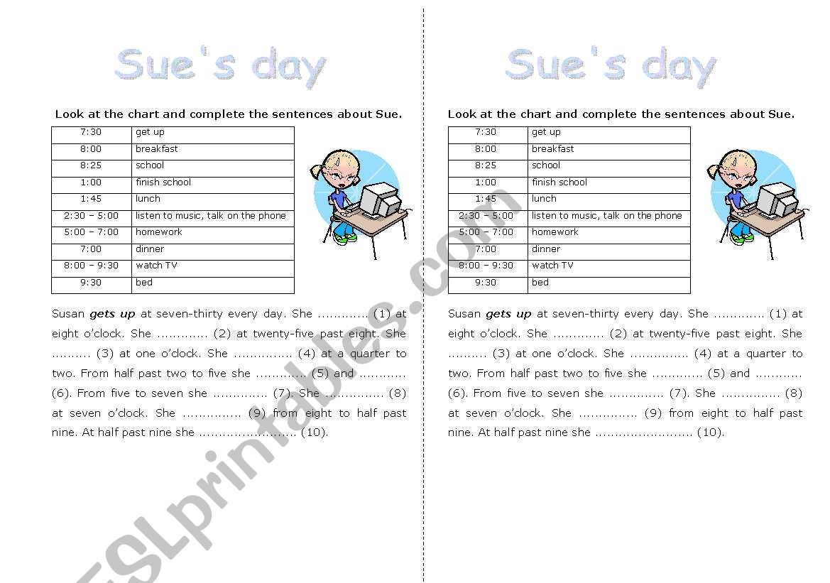 Sues day - daily routines worksheet
