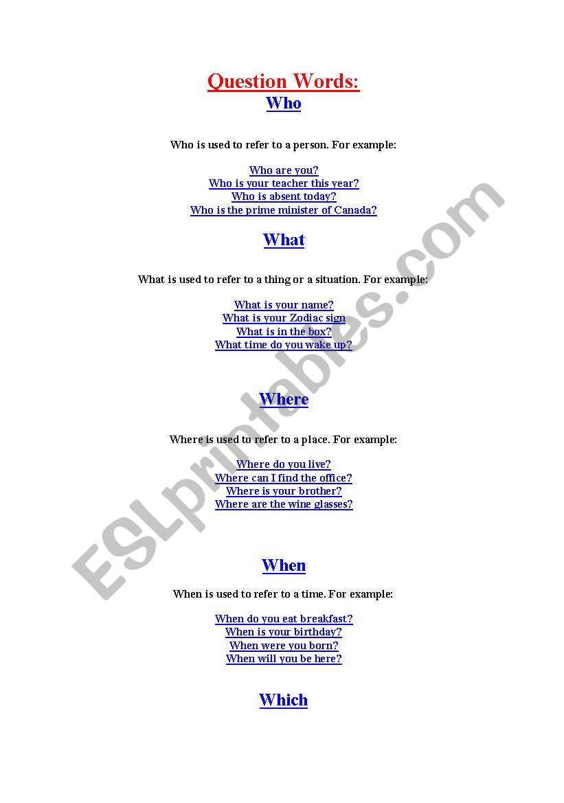 Question Words worksheet