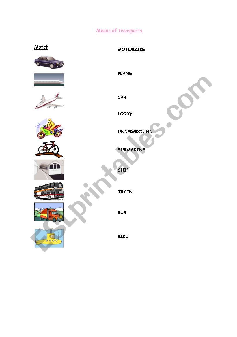 means of transports worksheet