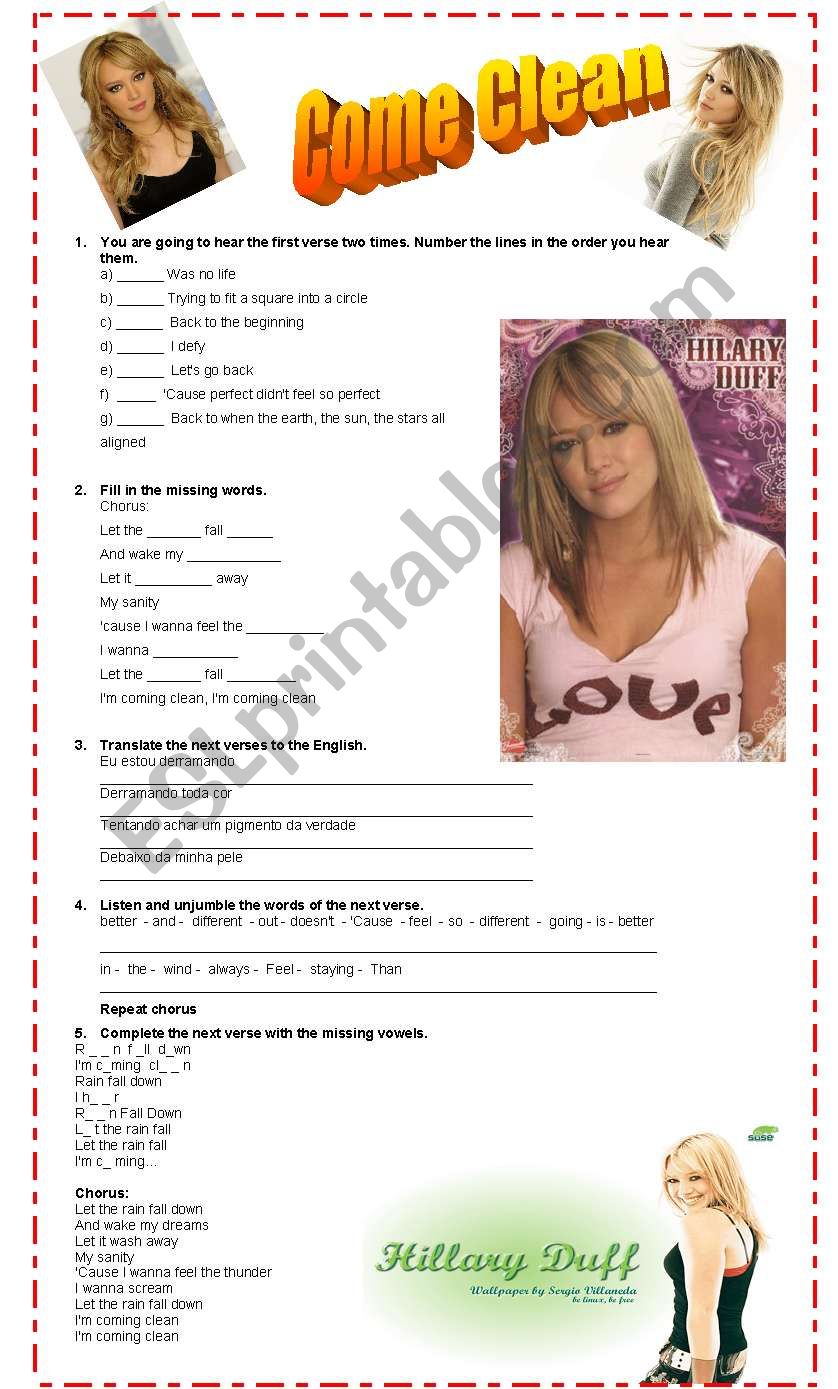 Come Clean - Hillary Duff worksheet