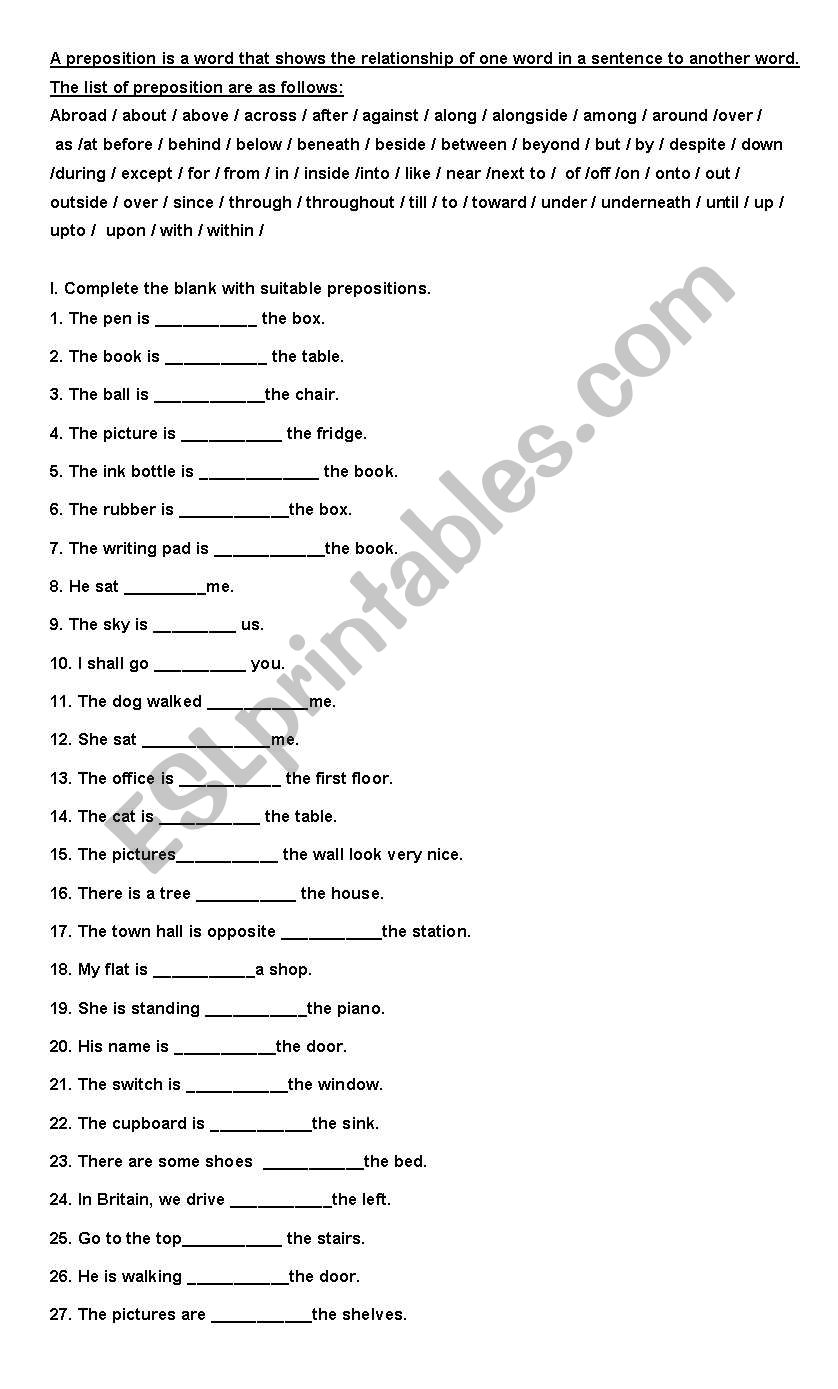 preposition worksheet