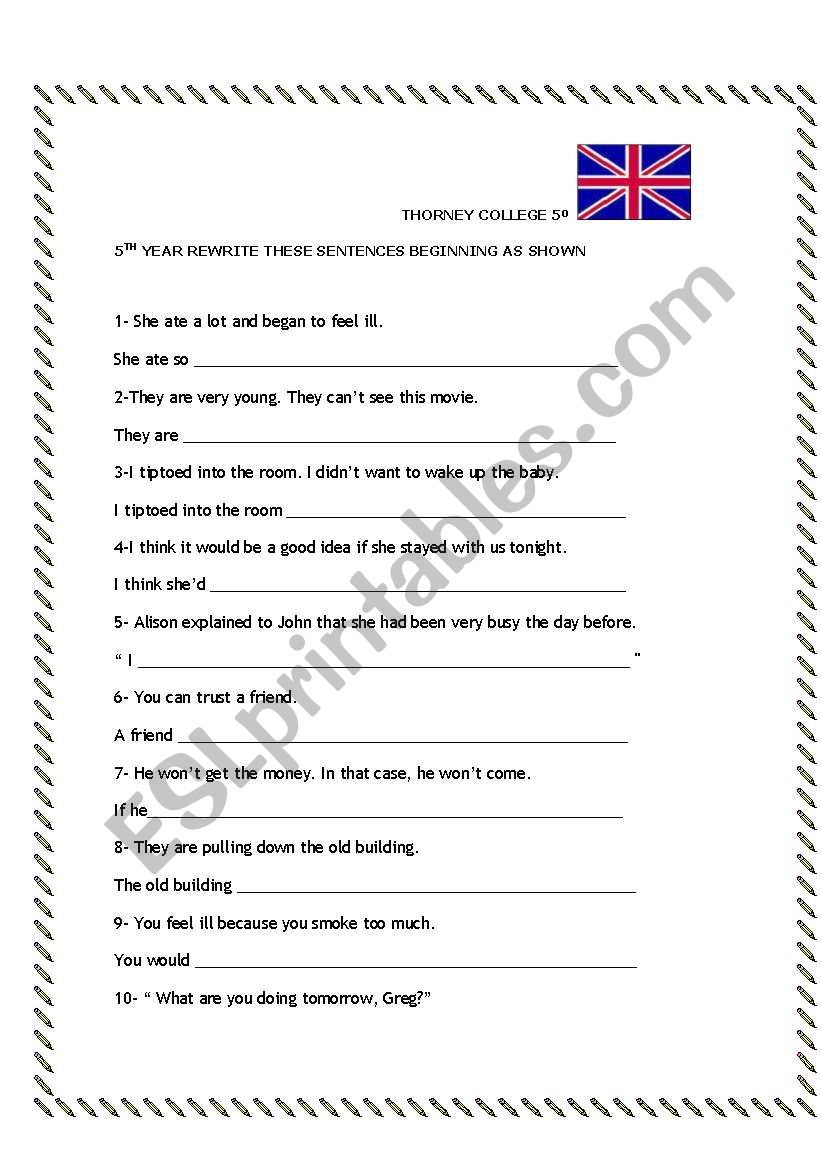 Transformation Of Sentences Worksheet For Class 8