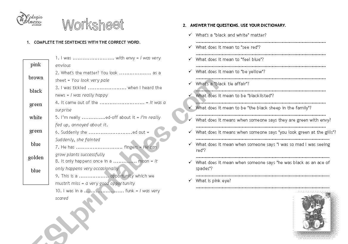 Color idioms! worksheet