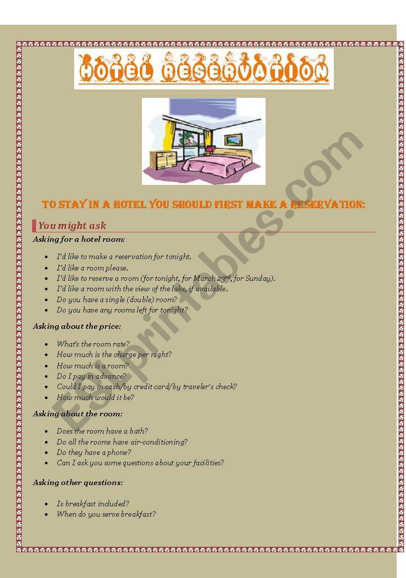 Hotel Reservation worksheet