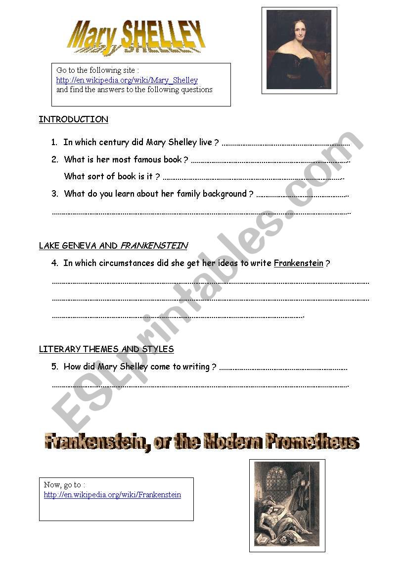Mary Shelley and Frankenstein worksheet