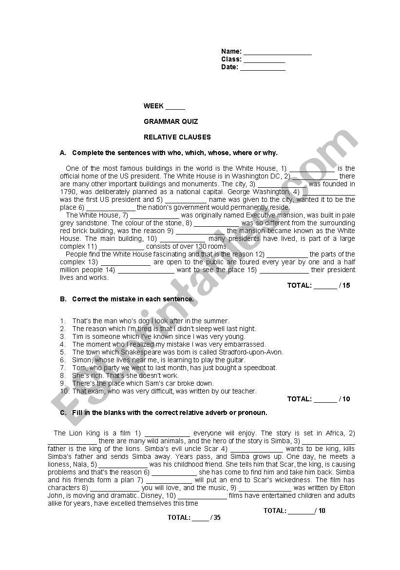 RELATIVE CLAUSES worksheet