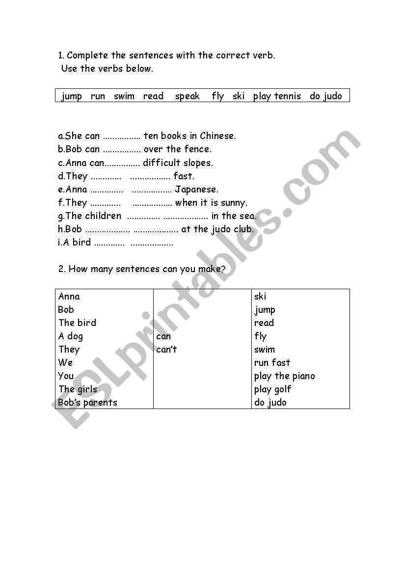 Use of can & cant worksheet