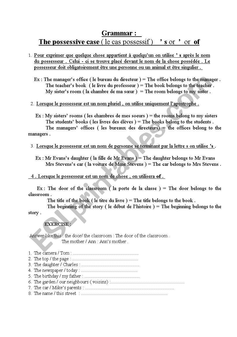 The possessive case  worksheet