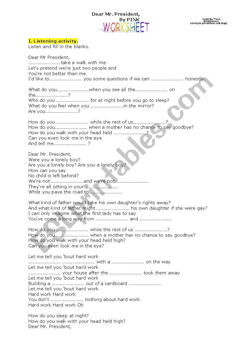 Pink Dear Mr President worksheet