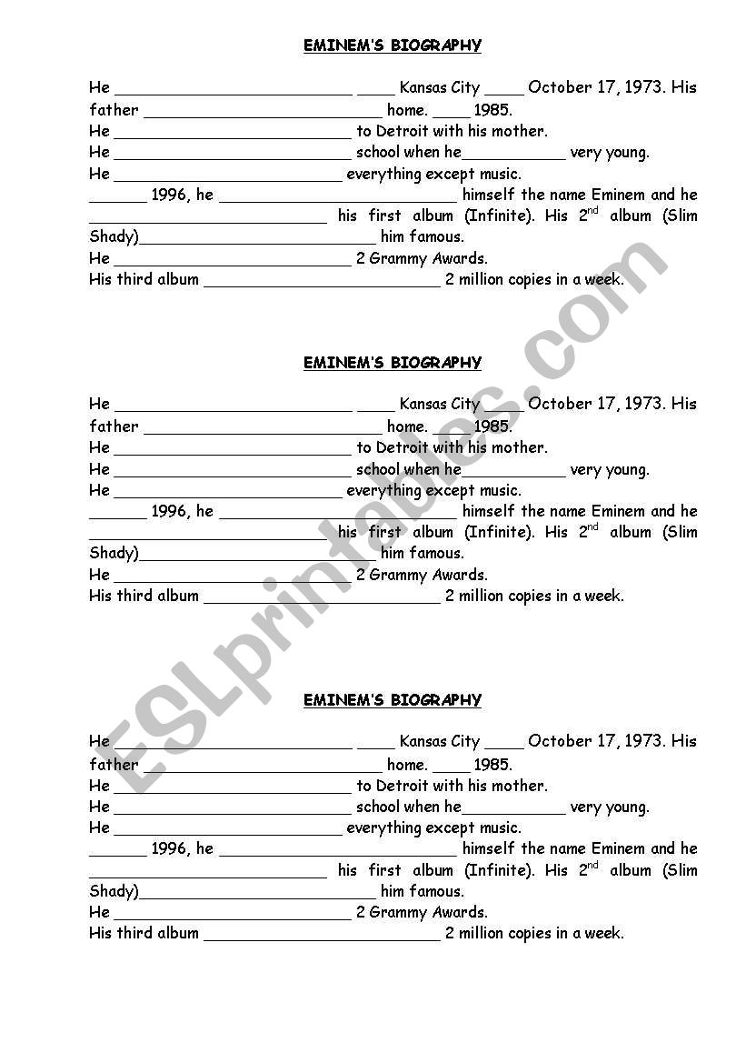 Eminems biography worksheet