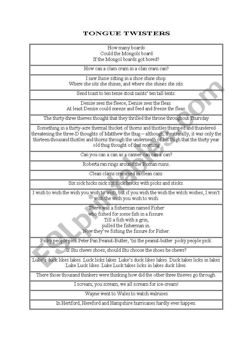 tongue twisters worksheet