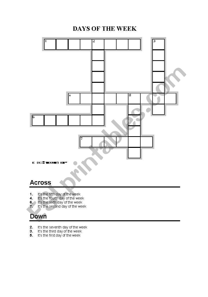 DAYS OF THE WEEK CROSSWORD worksheet