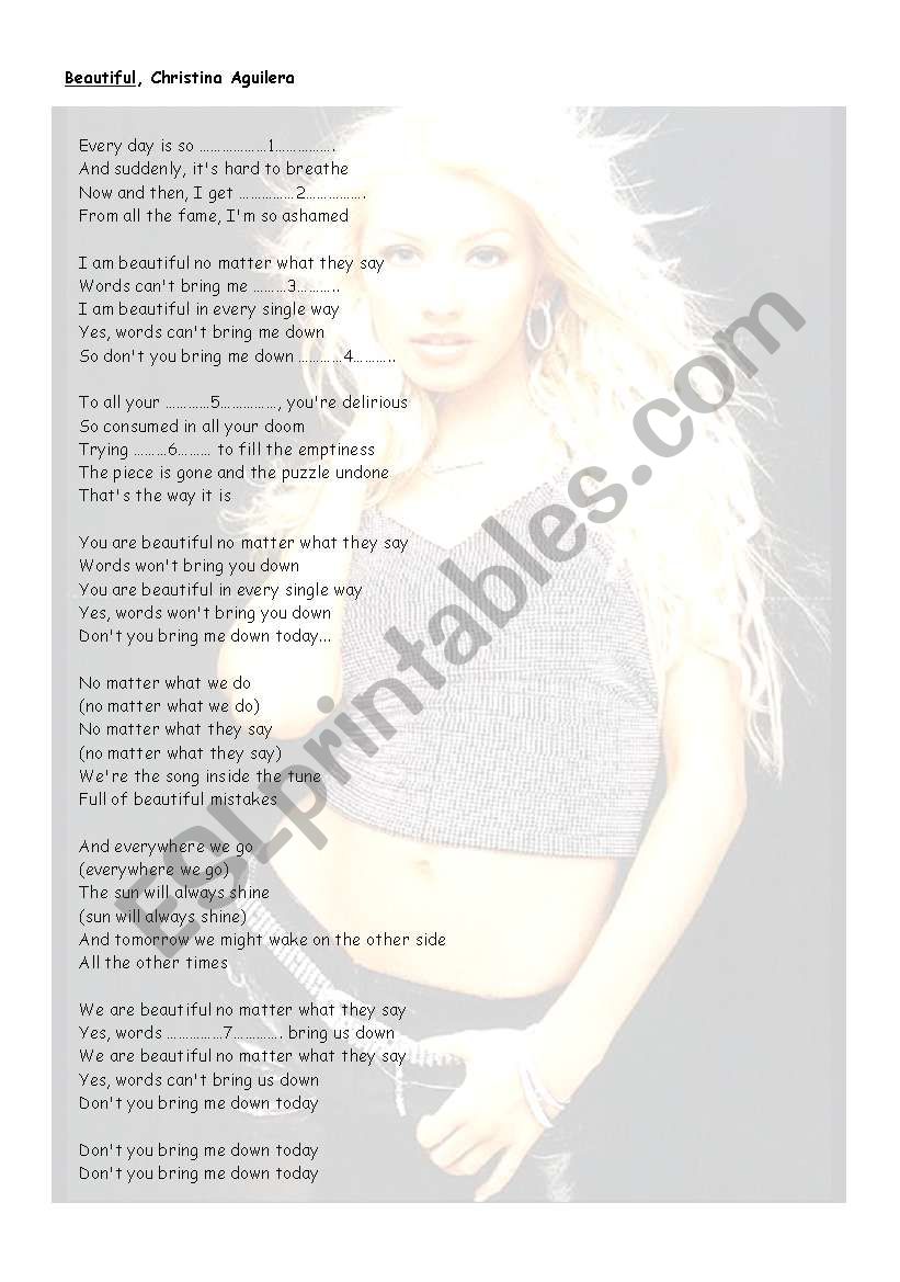 Beautiful, Christina Aguilera worksheet