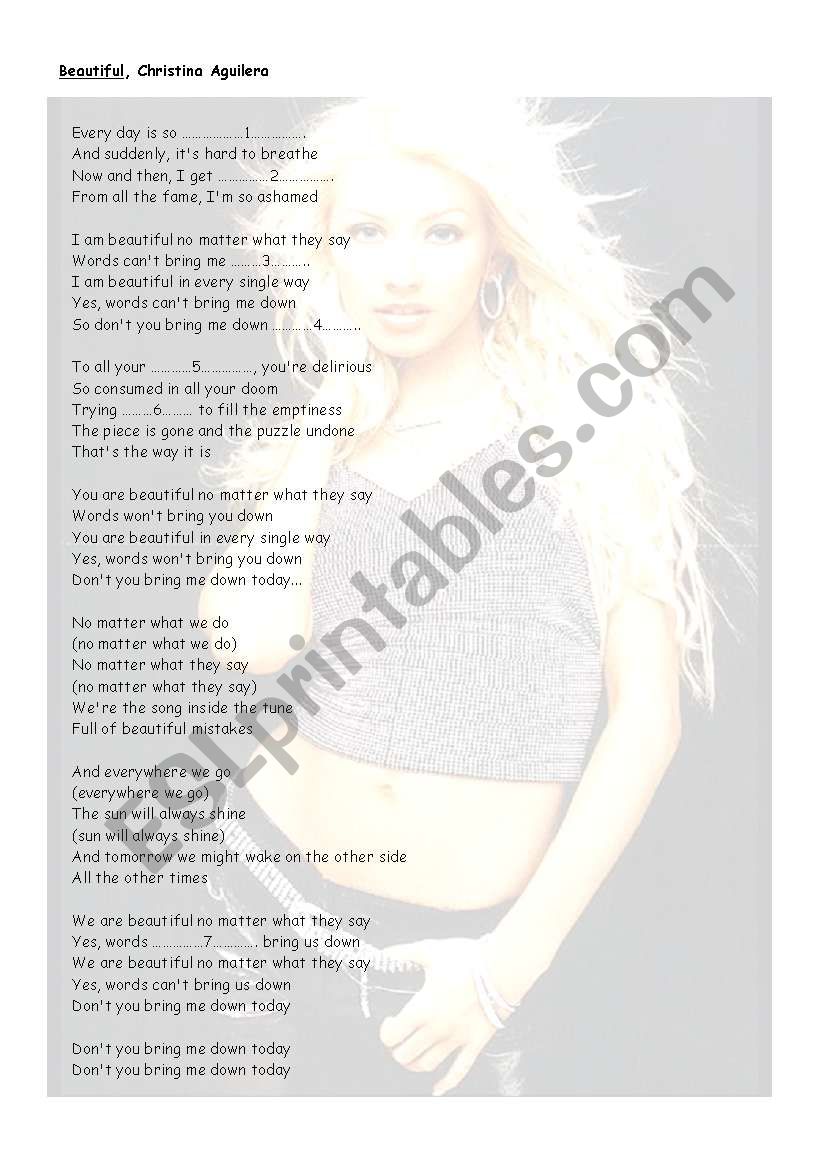 Beautiful, Christina Aguilera worksheet