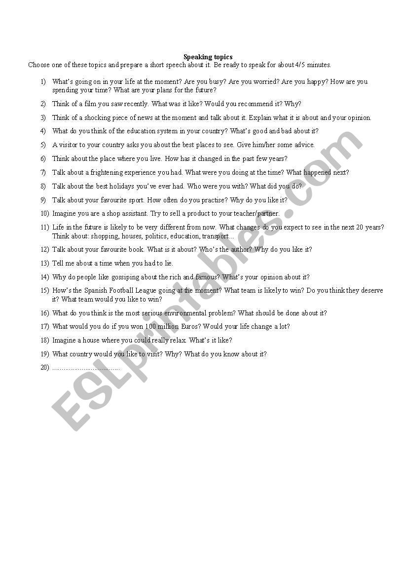 Speaking topics worksheet