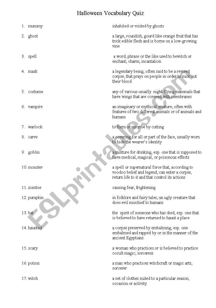 Halloween Vocabulary Quiz worksheet