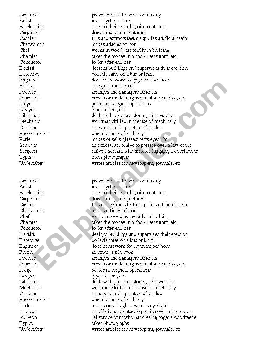 Jobs and thier deffinitions worksheet