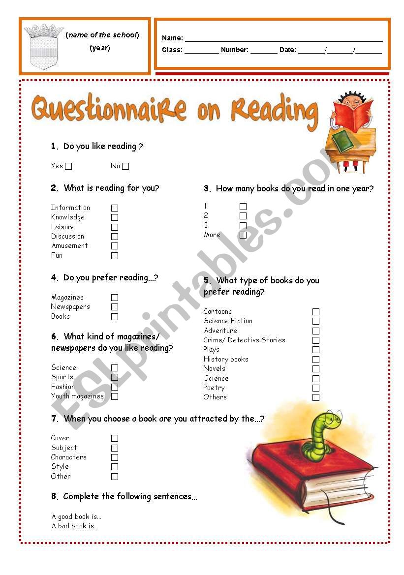 questionnaire on reading worksheet
