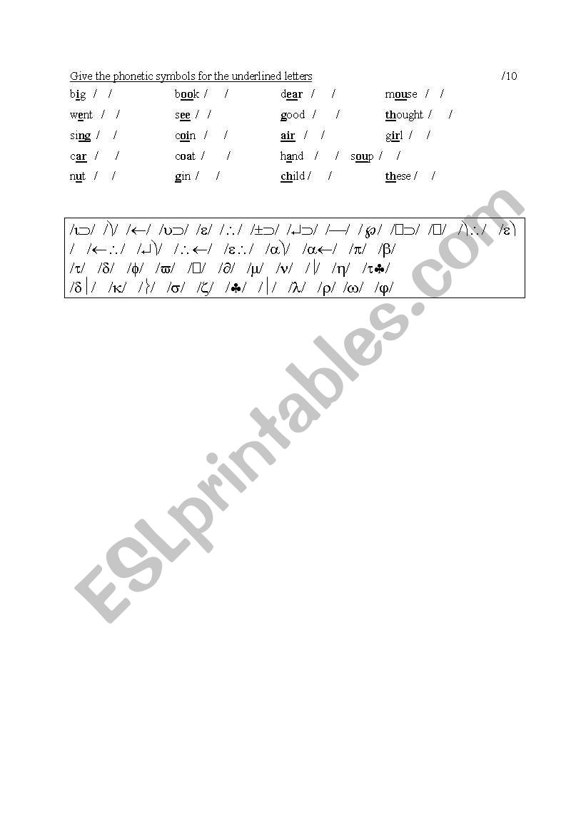 test phonetic symbols worksheet