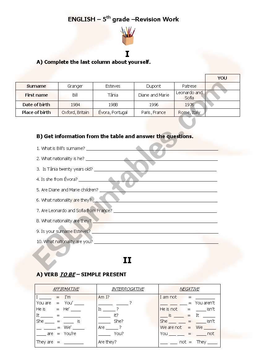 5th Grade Revision work worksheet