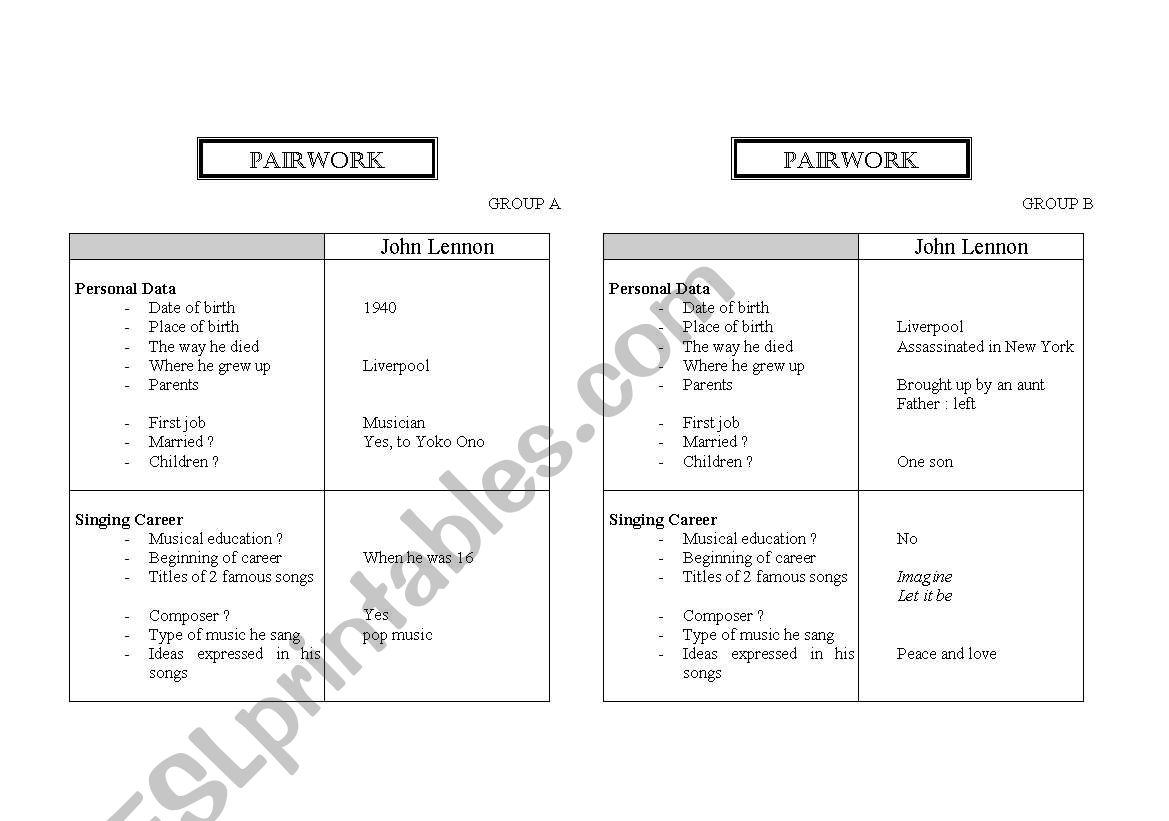 John Lennon worksheet