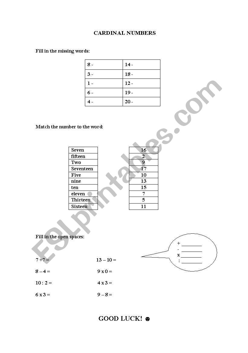 cardinal numbers worksheet