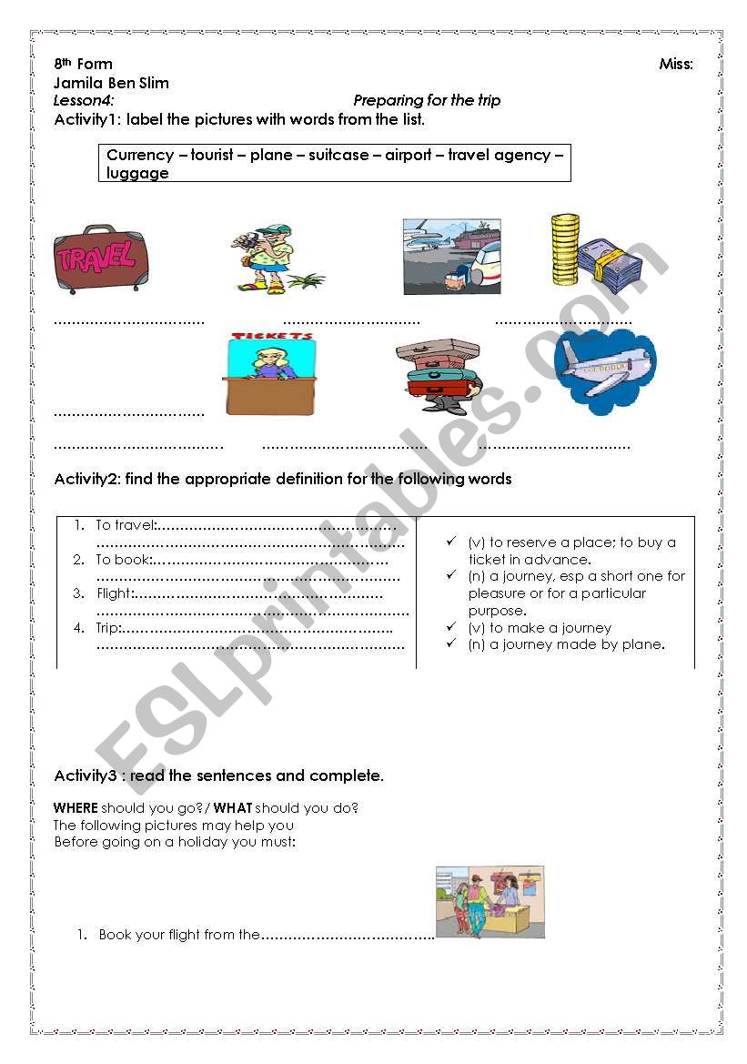 preparing for the trip worksheet