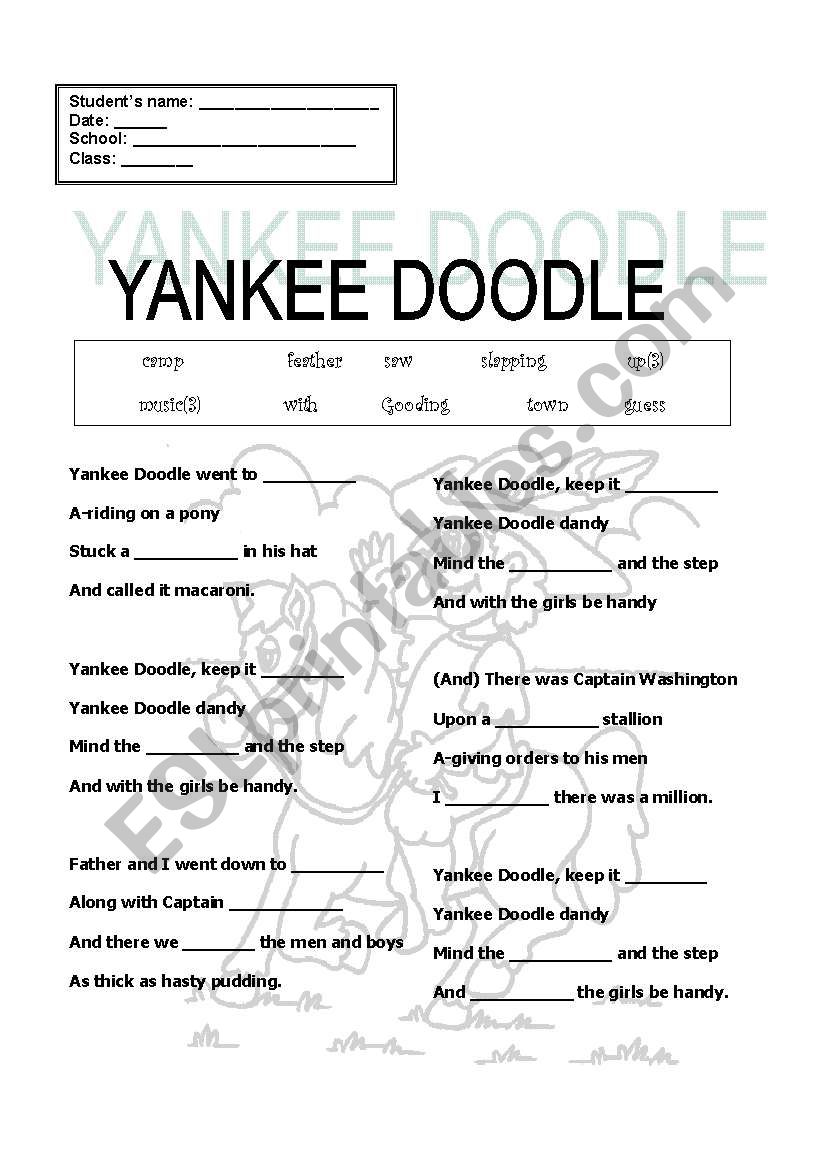 Yankee doole worksheet