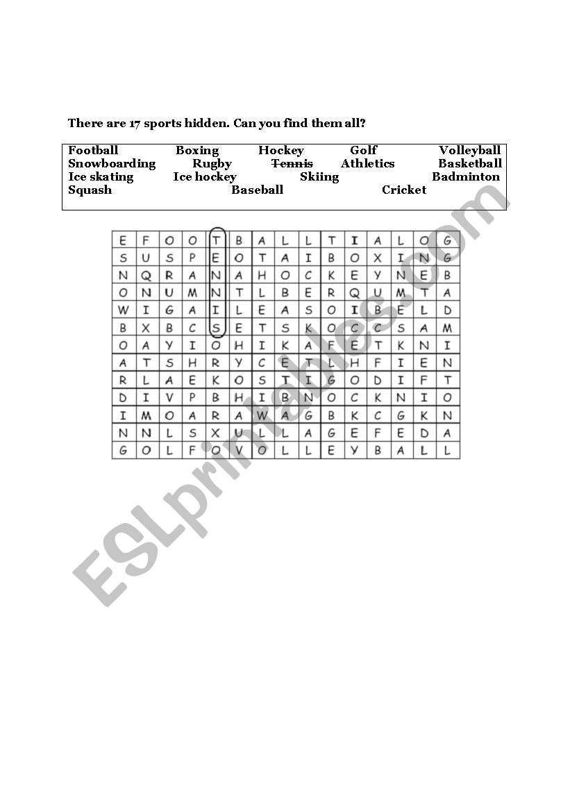 Finding sports worksheet