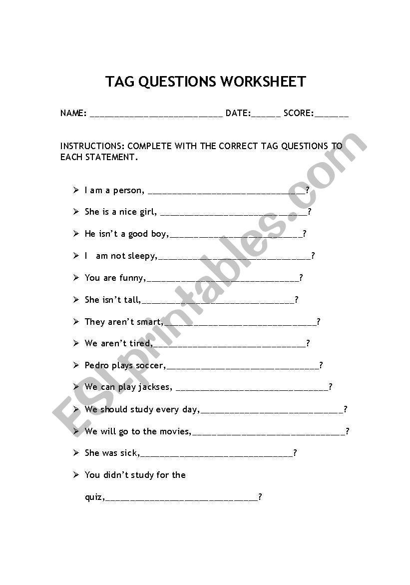 tag questions worksheet