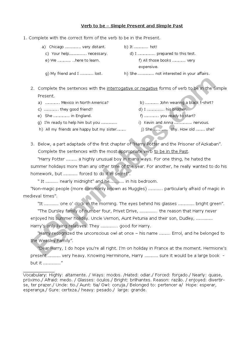 Verb to be - Present and Past worksheet