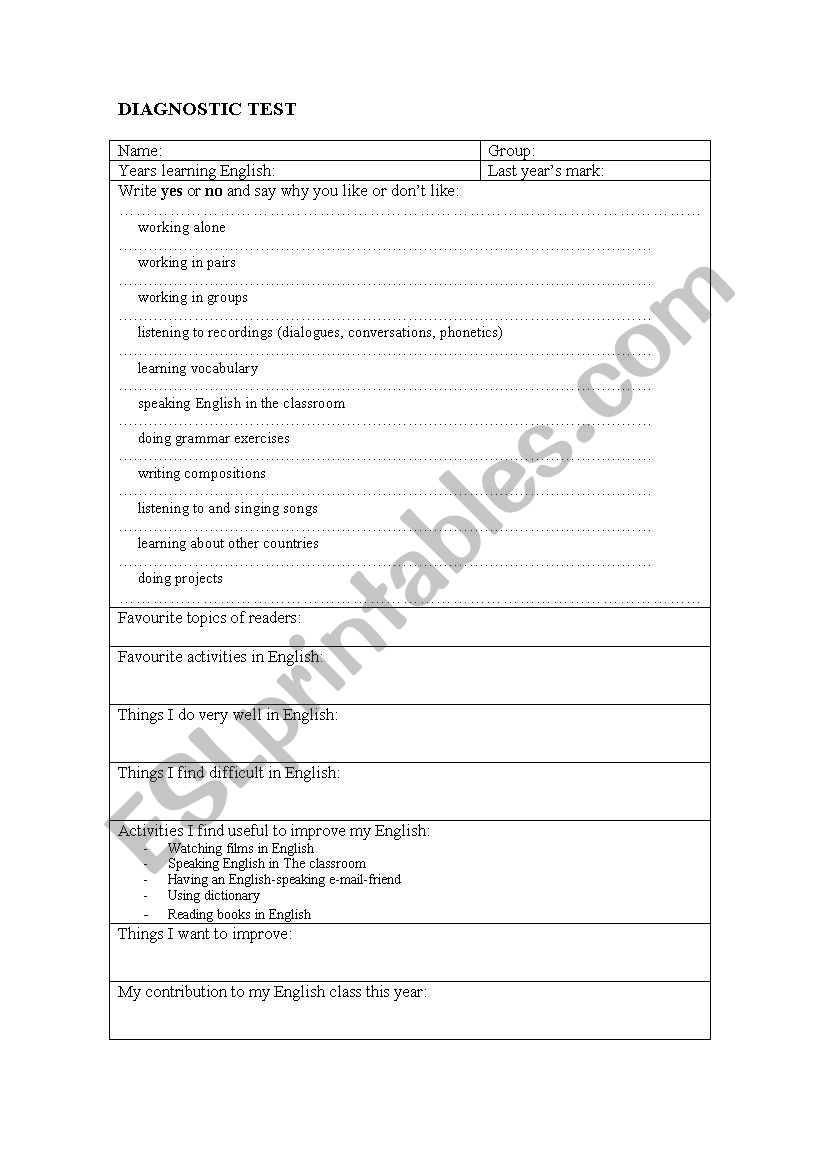 Diagnostic test worksheet